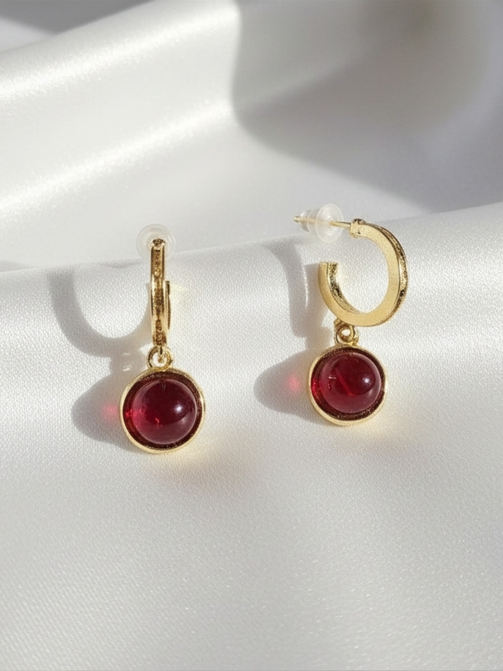 Gold-plated Huggie Hoop Earrings with Deep Red‎ Gem Drops - 925 Silver Needle
